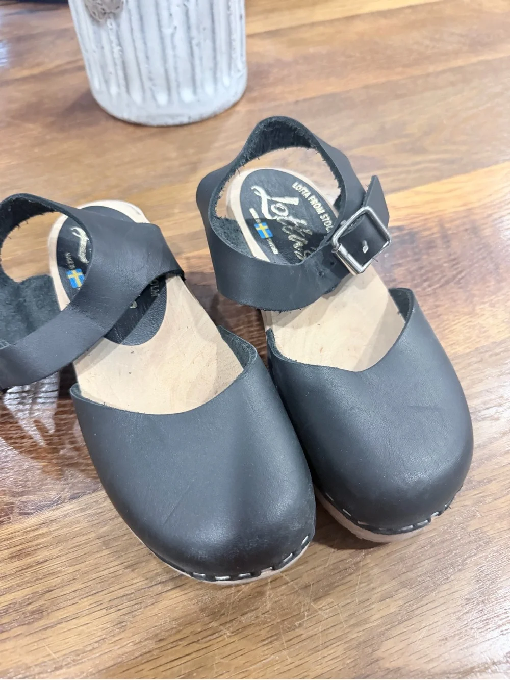 Lotta From Stockholm Black Leather Kids Moccasins with Ankle Strap
